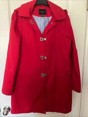 London Fog Bright Red Trench Coat with Metal Toggle Closures